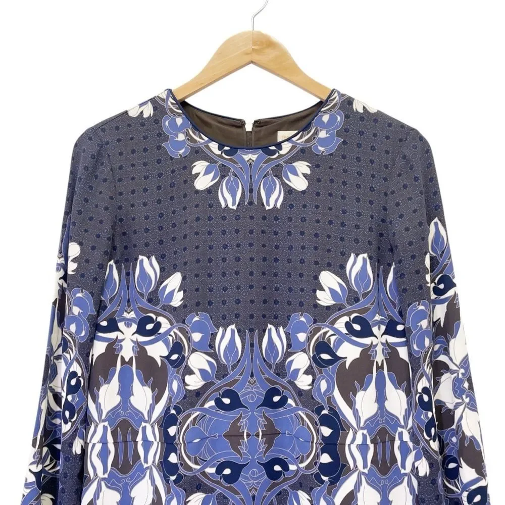 Tory Burch Blue Floral Medallion Sheath Dress Size 10 Jersey Long Sleeve Stretch